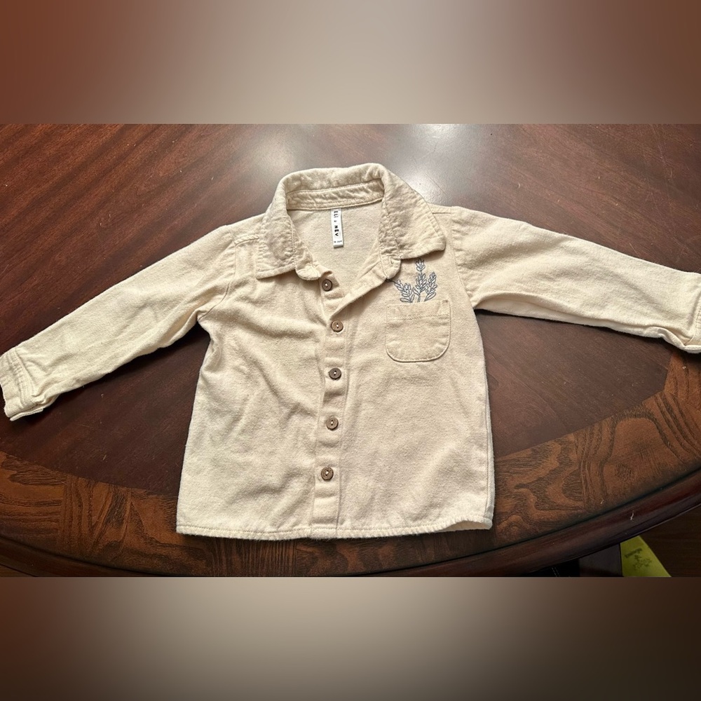 Kids Beige Button-Down Shirt with Embroidered Detail